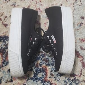 SUPERGA Black Canvas Lace Up White Platform Sneakers Low Top Size 7 EU 37.5